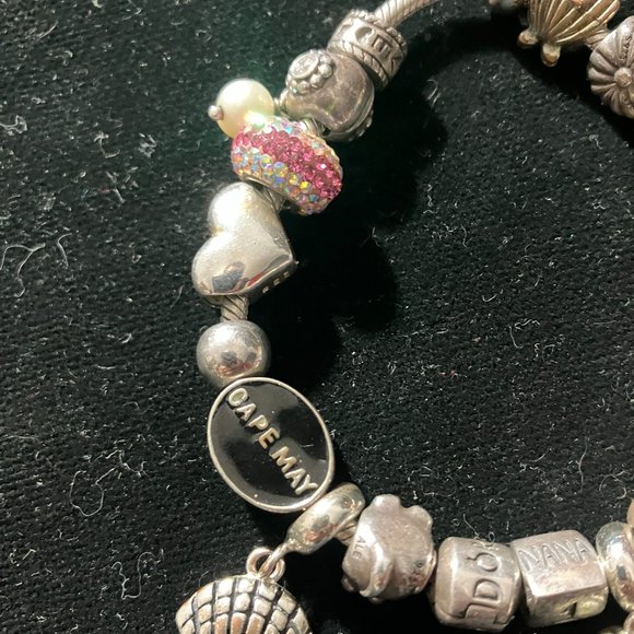 Pandora Bracelet with Sterling Charms Nana, Rhinestones, Hearts, Retired Beads - Picture 3 of 14
